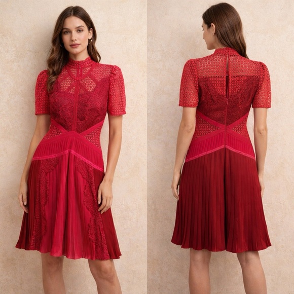 Self-Portrait Dresses & Skirts - Self-Portrait Pink Guipure Lace Pleated Mini Dress Size US 4